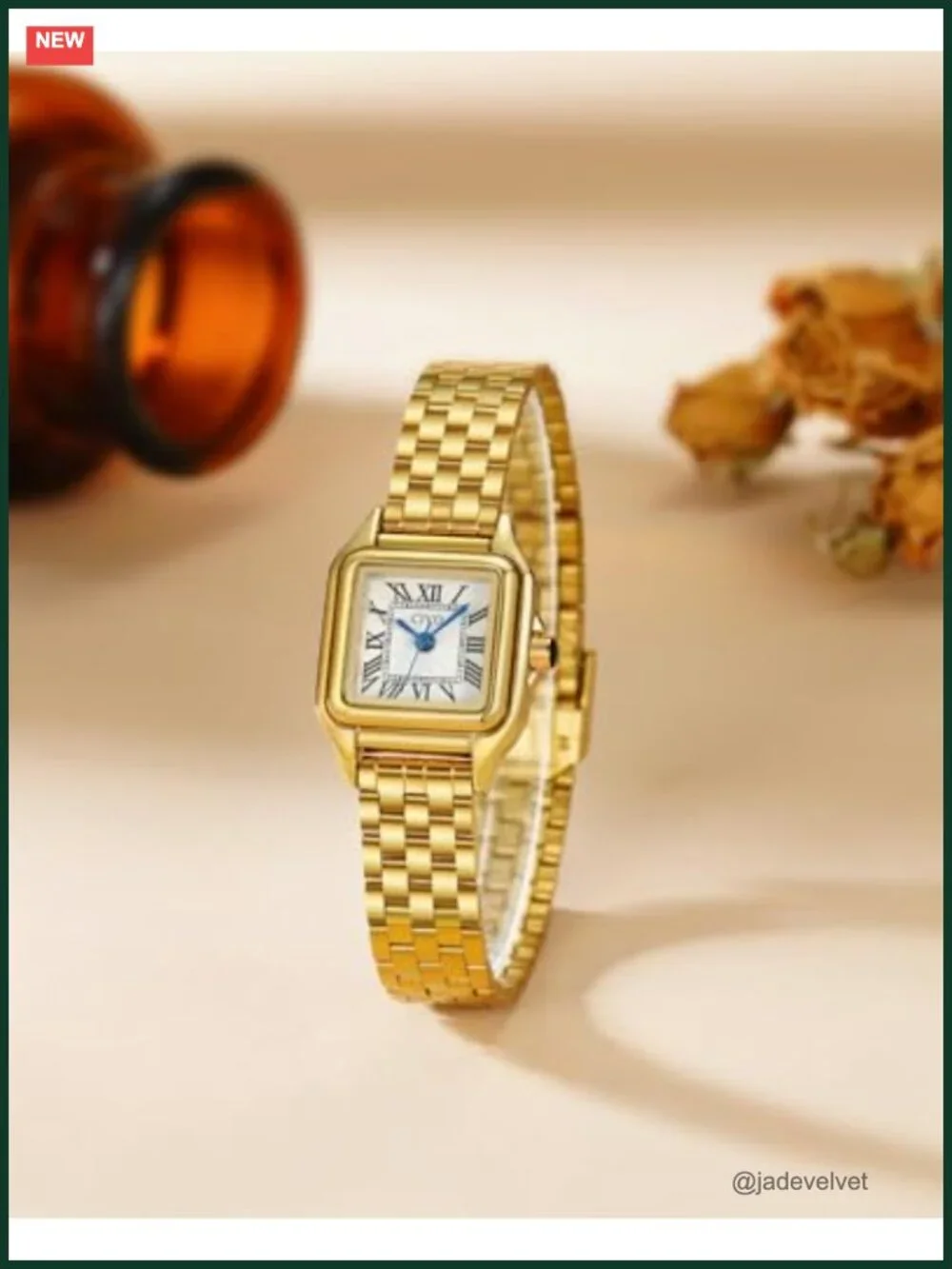 Vintage Gold Stainless Steel Women's Wrist Watch, Roman Dial, Square Case